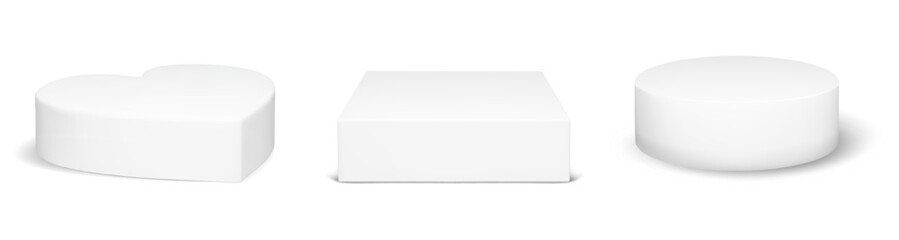 White podium platform set with 3d heart, circle and cube shape for product showcase display. Round cylinder pedestal and square box in minimal realistic style. Studio rendering vector isolated