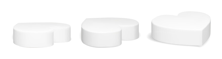 White 3d heart podium platform set for product display or valentine day showcase. Love shape pedestal with minimal realistic rendering style with shadow. Studio mockup vector isolated on background