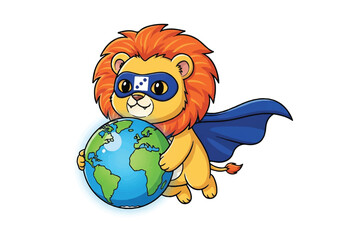 Cartoon lion wearing a cape and mask holding a globe on a white background.