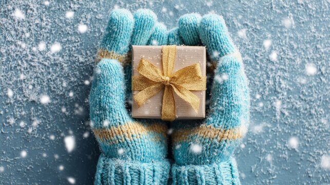 Winter holiday scene with hands in knitted blue mittens holding small gift box with ribbon on snowy background. Cozy seasonal present delivery concept with organic kraft paper wrapping.