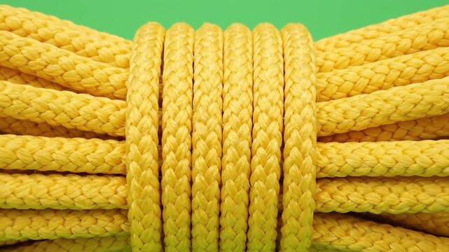Close up of a coiled yellow rope on a green background.