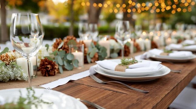 Stunning outdoor table is set with elegant plates, glassware, and autumn decorations for a memorable gathering and celebration