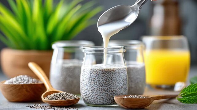 step-by-step preparation of chia pudding in glass jars, mixing chia seeds and coconut milk, bright kitchen background, copy space