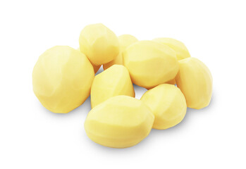 An overhead view of a group of whole, raw, yellow potatoes that have been freshly peeled, scattered on a white background.