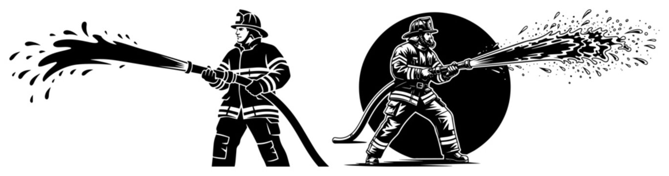 Firefighters Spraying Water Hose &ndash; Emergency Rescue Service Vector