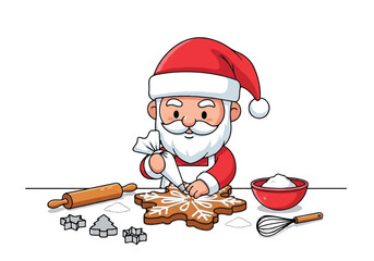 Cartoon Santa Claus decorating gingerbread cookies with icing and sprinkles on a white background