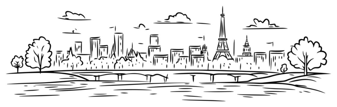 Paris City Skyline over Seine River &ndash; Eiffel Tower Panorama Line Art