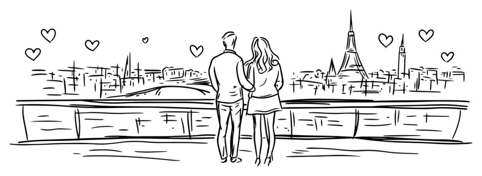 Romantic Couple Embracing by Paris Skyline &ndash; Love Scene with Hearts Vector