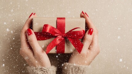 Female hands with red manicure holding gift box tied with ribbon against snowfall backdrop. Festive Christmas present wrapped in elegant paper for holiday celebration surprise.