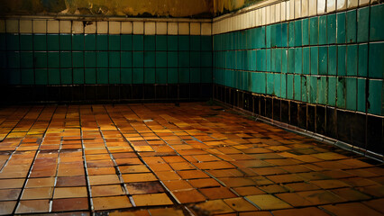 Heavily aged textured tiles with deep desaturated green and teal hues - abandoned room corner