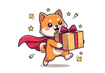 Cartoon Shiba Inu dog wearing a red cape carrying a gift box with a bow surrounded by stars and confetti on a white background.