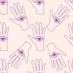 Magic seamless pattern with constellations, sun, moon, magic eyes, clouds and stars. Mystical esoteric background for design