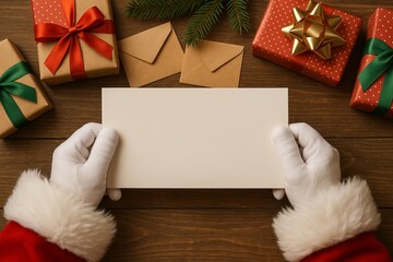 Closeup of Santa holding a blank sign above a table filled with gifts letters and Christmas items