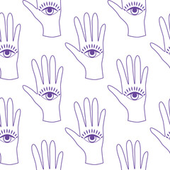 Magic seamless pattern with constellations, sun, moon, magic eyes, clouds and stars. Mystical esoteric background for design