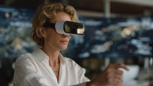 Over-the-shoulder view of professional avatar selecting office destination in VR, city holograms glowing — representing instant networking, global digital workforce, and technology-enabled