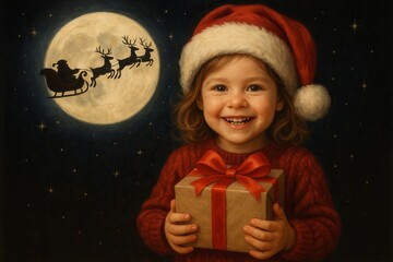 Happy child holding Christmas gift watching Santa fly across moonlit sky festive holiday portrait