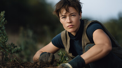 A climate activist giving up steady income to work full-time on community projects, planting trees with dirt-stained gloves &mdash; environmental sacrifice, personal conviction, and sustainability