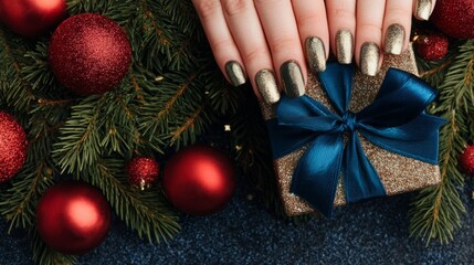 Manicured hands present beautiful gift box with decorative bow on background of adorned evergreen branches and red baubles. Holiday celebration packaging scene.