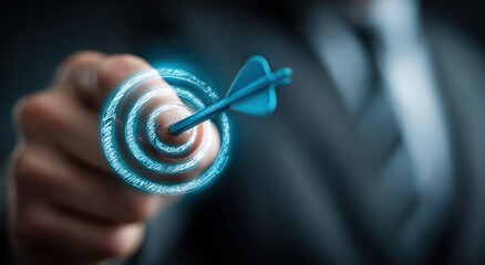 A man is drawing a blue arrow pointing to a target