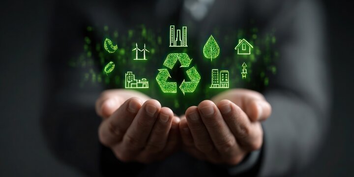 A person is holding a green hand with a green recycle sign on it