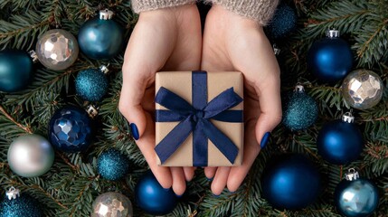 Woman's hands in cozy sweater holding gift box with elegant navy bow near decorated pine branches and festive ornaments. Perfect for Christmas celebration or birthday surprise presentation.