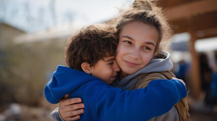 A volunteer reacting emotionally while receiving a thank-you hug from a child at a community event, the moment captured with soft natural light — compassion, human kindness, and emotional