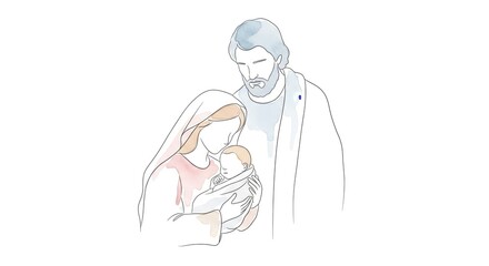 Fototapeta premium A tender watercolor illustration depicts the Holy Family: Mary, Joseph, and the infant Jesus.