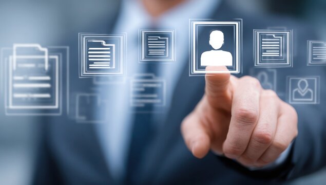 A man in a suit is pointing at a picture of a person