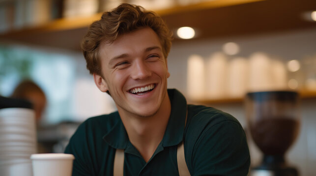 A barista in a coffee shop laughing unexpectedly as a cup forms a perfect accidental foam shape, creating a candid moment of creativity — workplace spontaneity, café culture, and human connection.