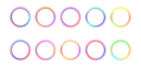 Set of blurry round frames. Circle shapes with pastel pink, orange, red, blue, green neon gradient borders isolated on white background. Abstract design elements with empty space. Vector illustration.