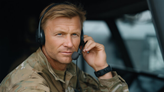 A crisis negotiation officer on the frontline speaking into a headset from behind a reinforced vehicle, facial tension revealing the emotional weight of high-stakes communication — de-escalation,