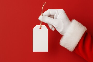 Santa Claus hand holding blank white tag on red background Christmas gift label concept