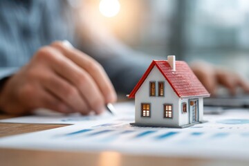 A person is writing on a piece of paper with a house model on it