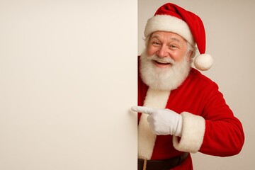 Cheerful Santa holding an empty banner and pointing at the blank space for festive holiday ads