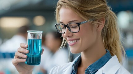 Scientist examines colorful liquid with interest, showcasing enthusiasm in a modern lab setting with advanced equipment