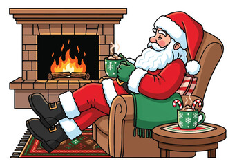 Illustration of Santa Claus relaxing in a chair with a cup of hot cocoa by the fireplace with a warm and cozy atmosphere.
