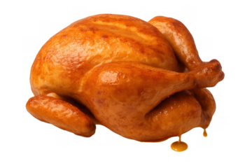 Whole roast chicken with golden crispy skin, drippings, and juicy meat, prepared for a delicious meal on transparent background