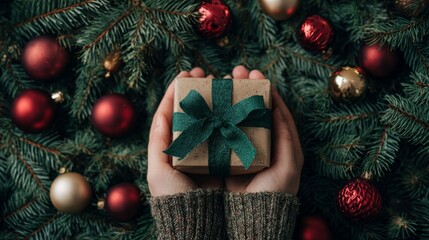 Female holding wrapped present with satin ribbon near decorated pine branches and baubles. Cozy holiday celebration scene showcasing elegant package against festive evergreen backdrop.