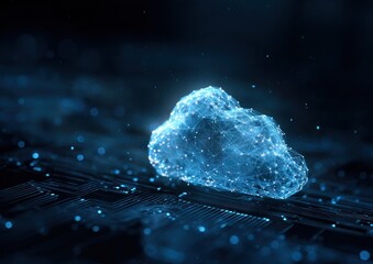 Glowing digital cloud structure hovers over dark circuit board.