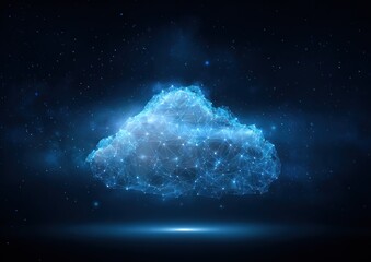 Abstract glowing blue network cloud shape against dark starry background