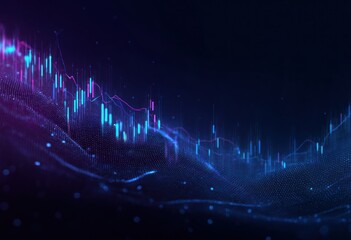 Abstract glowing blue and magenta financial data visualization on dark background.
