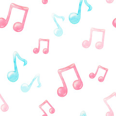Watercolor pattern with musical notes in pink and blue