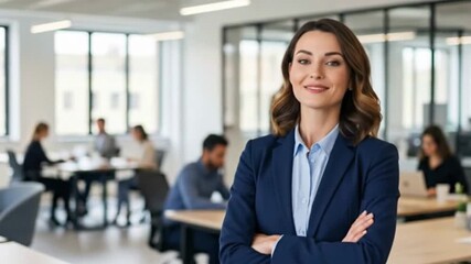 A confident businesswoman smiling at the camera with a blurred office background. This footage is perfect for professional and corporate concepts