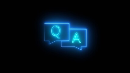 Blue glowing neon Q&A chat bubbles on a dark background, representing communication, online discussion, support, messaging, customer service, FAQ and digital conversation.”