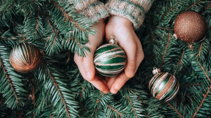 Christmas ornament in child's hands wearing cozy sweater. Green-white striped bauble held against festive tree background creating warm holiday family atmosphere.
