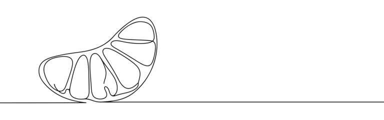 A continuous one-line drawing of a single peeled orange segment, highlighting its natural curves against a clean white background