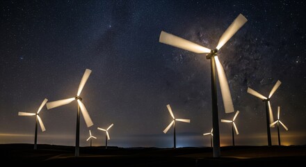 Nighttime view of wind turbines generating clean energy under a starry sky.