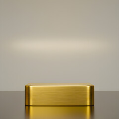Minimalist Brushed Gold Rectangular Podium on a Glossy Reflective Surface with a Soft Beige Studio Background for Product Display
