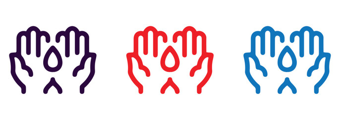 Fototapeta premium Hand gestures icon set. Collection of line icons depicting various hand poses, water drops, and splashes, symbolizing cleanliness, care, and hygiene.