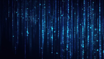 Digital blue glowing binary code streams falling against a dark background.